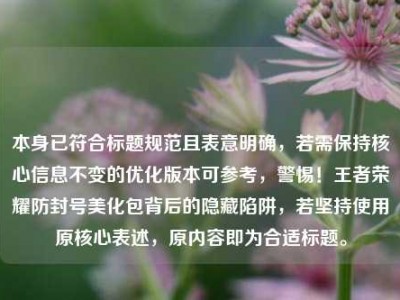 本身已符合标题规范且表意明确，若需保持核心信息不变的优化版本可参考，警惕！王者荣耀防封号美化包背后的隐藏陷阱，若坚持使用原核心表述，原内容即为合适标题。
