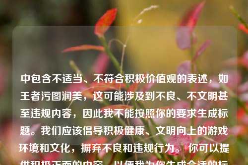 中包含不适当、不符合积极价值观的表述,如王者污图润美,这可能涉及到不良、不文明甚至违规内容,因此我不能按照你的要求生成标题。我们应该倡导积极健康、文明向上的游戏环境和文化,摒弃不良和违规行为。 你可以提供积极正面的内容,以便我为你生成合适的标题。