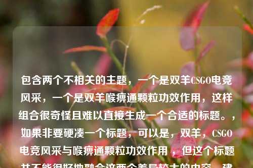 包含两个不相关的主题，一个是双羊CSGO电竞风采，一个是双羊喉痹通颗粒功效作用，这样组合很奇怪且难以直接生成一个合适的标题。，如果非要硬凑一个标题，可以是，双羊，CSGO电竞风采与喉痹通颗粒功效作用 ，但这个标题并不能很好地融合这两个差异较大的内容，建议你进一步明确需求或修正所提供的信息，以便能更准确地生成标题 。