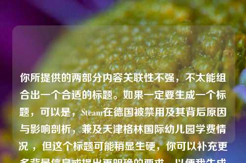 你所提供的两部分内容关联性不强,不太能组合出一个合适的标题。如果一定要生成一个标题,可以是,Steam在德国被禁用及其背后原因与影响剖析,兼及天津格林国际幼儿园学费情况 ,但这个标题可能稍显生硬,你可以补充更多背景信息或提出更明确的要求,以便我生成更贴切的标题 。